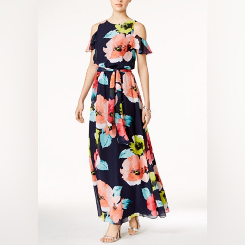 Vince Camuto Navy Cold Shoulder Maxi Dress with multicolor Floral Print size 14